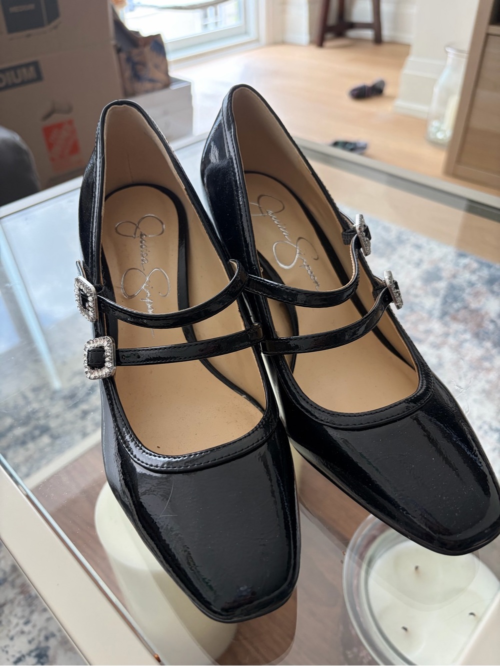 Jessica Simpson Black Patent Double-Strap Mary Jane Block Heels